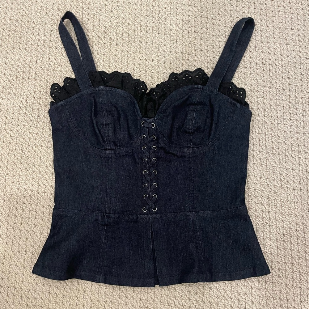 NWT bebe Denim Bustier with black eyelet detail